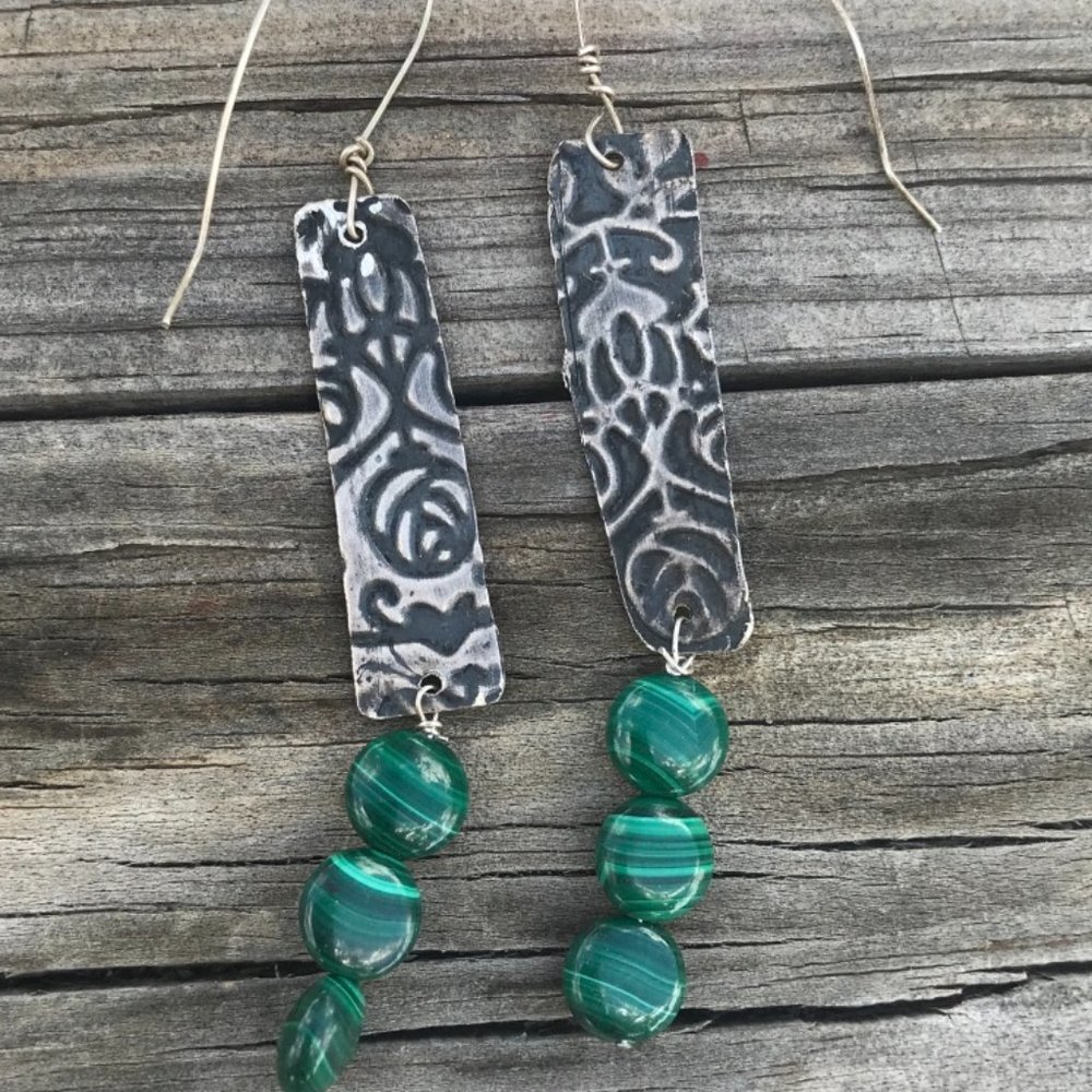 Genuine Green Malachite Floral Antique Sterling Silver 925 Earrings Drop Dangle